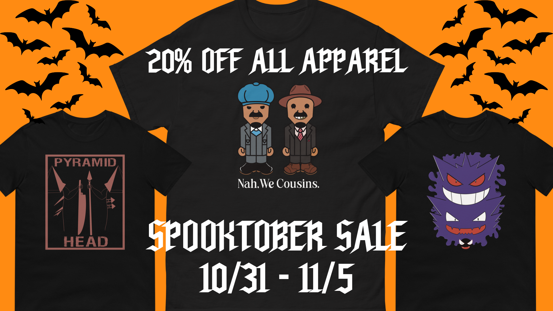 Black t-shirt with Halloween-themed graphics and text on an orange background with bats.